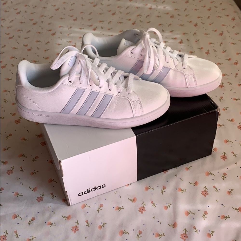 All white light blue stripe adidas tennis shoes ❤️